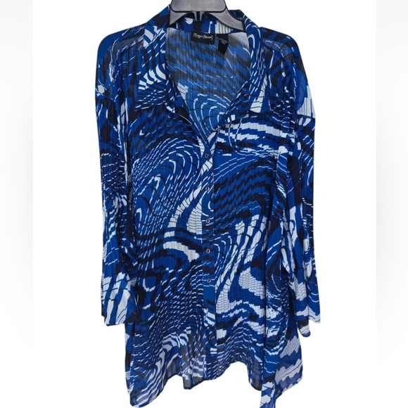 Maggie Barnes Pleated Tunic Shirt 5x Plus BlueBlack Button Up Long Sleeve Strect - Picture 1 of 12